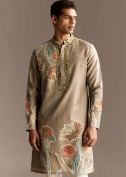 Beige Mirror Work Kurta Set