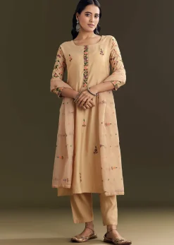 Beige Modal Threadwork Kurta Pant Set With Hand Painting