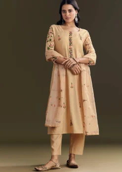 Beige Modal Threadwork Kurta Pant Set With Hand Painting