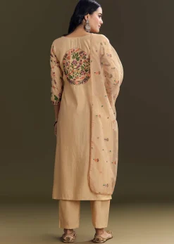 Beige Modal Threadwork Kurta Pant Set With Hand Painting