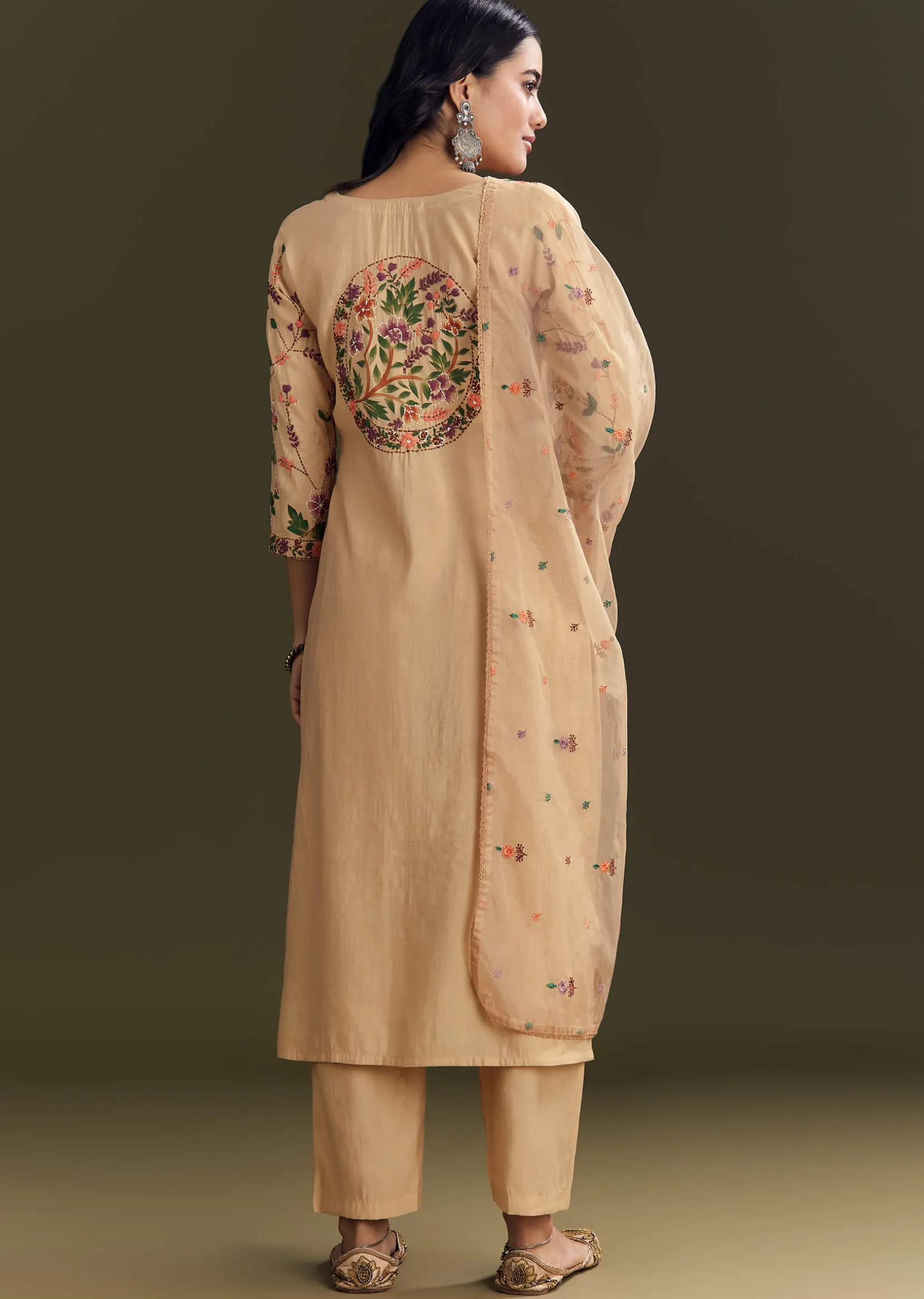 Beige Modal Threadwork Kurta Pant Set With Hand Painting