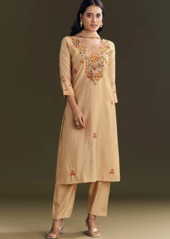 Beige Modal Threadwork Kurta Pant With Resham Organza Dupatta