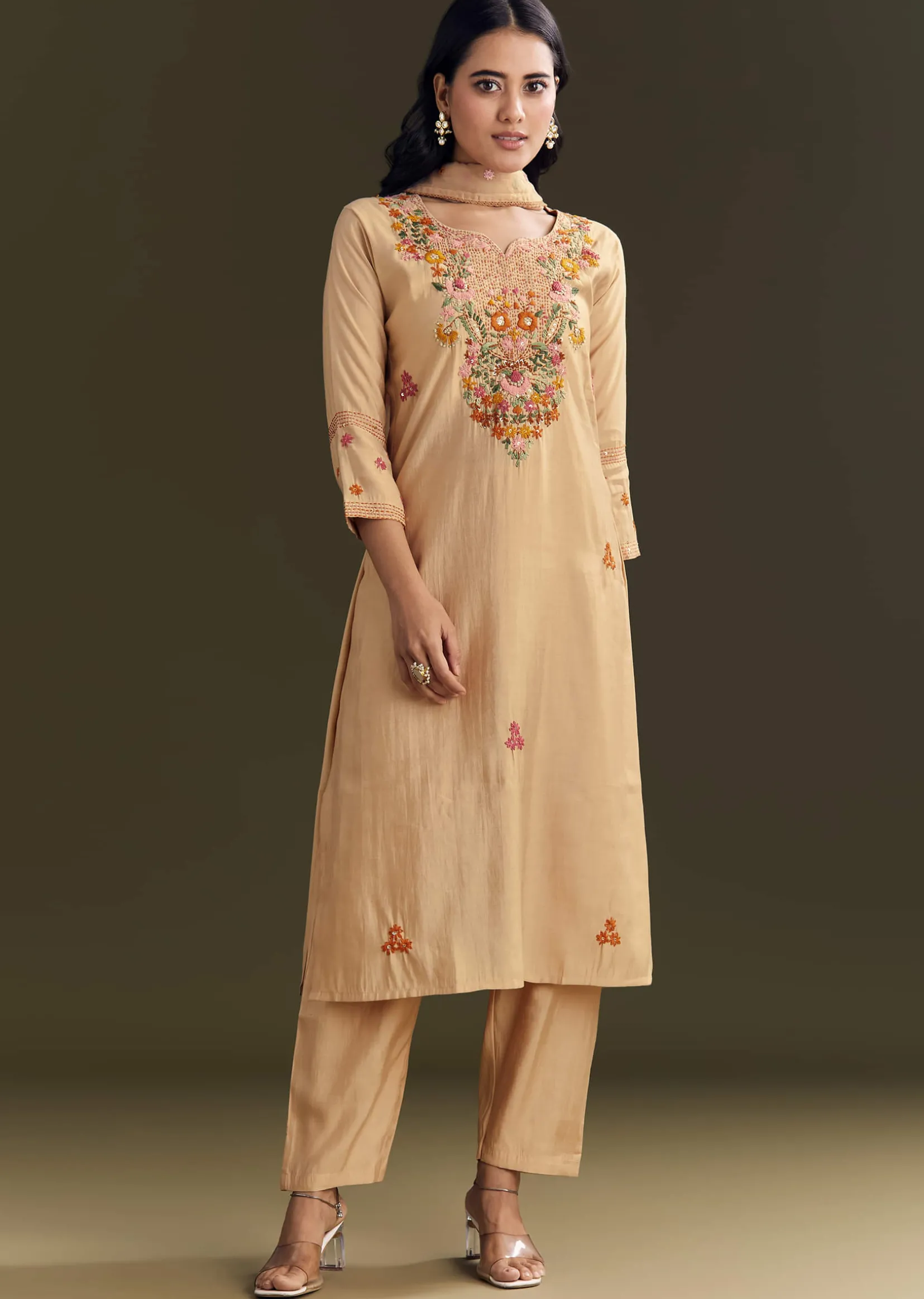 Beige Modal Threadwork Kurta Pant With Resham Organza Dupatta