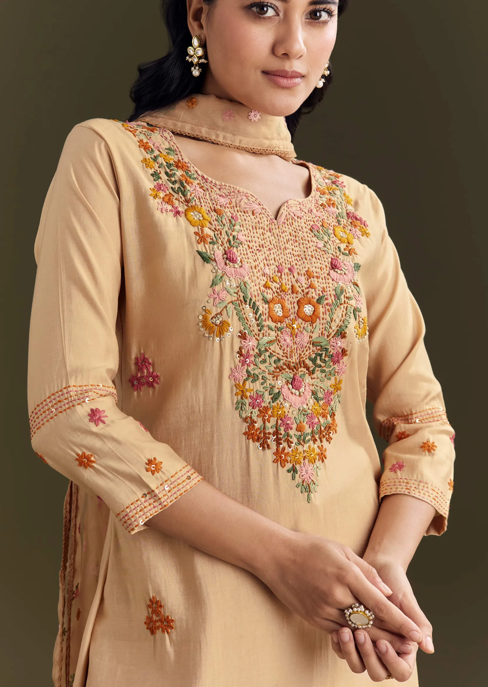 Beige Modal Threadwork Kurta Pant With Resham Organza Dupatta