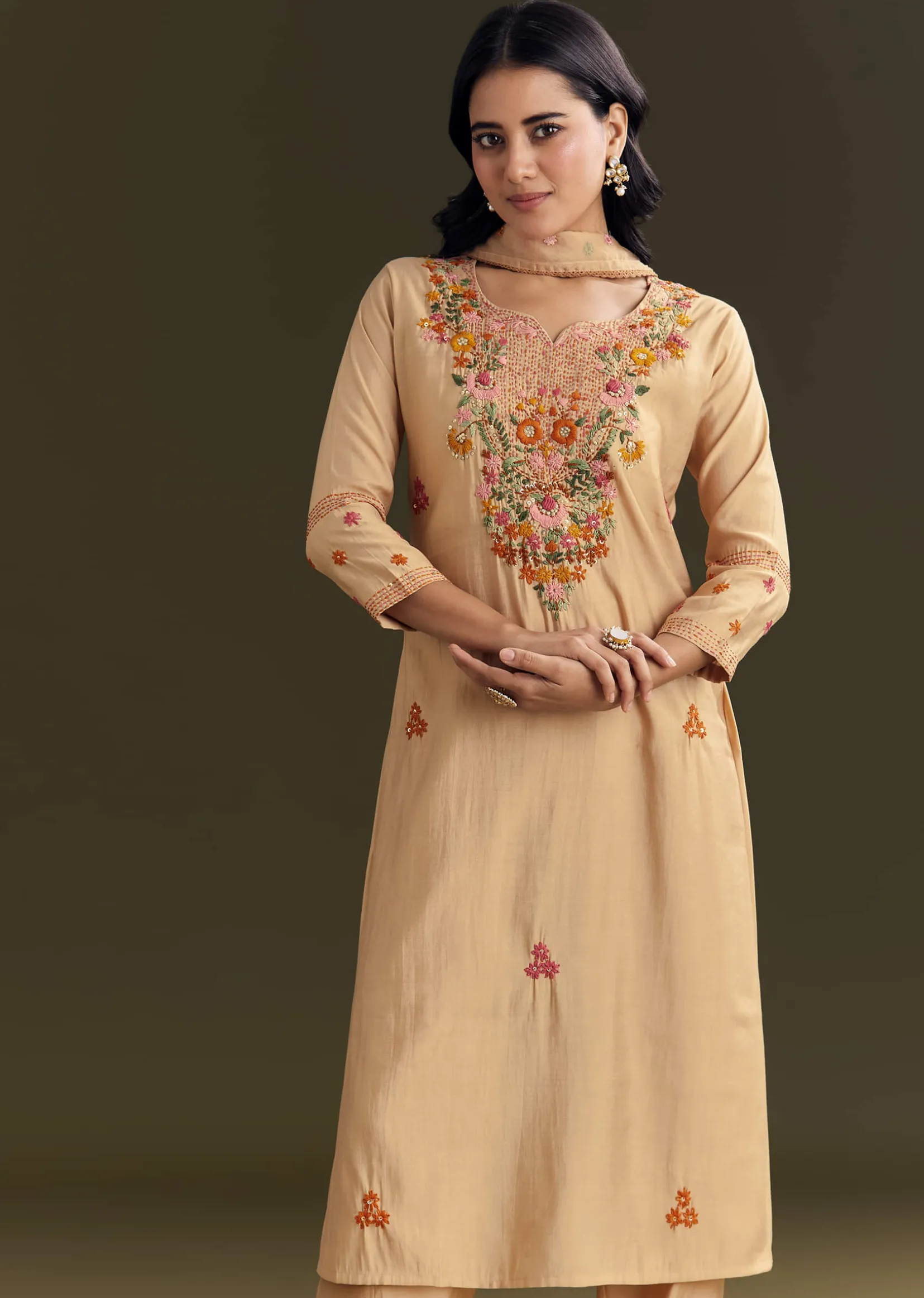 Beige Modal Threadwork Kurta Pant With Resham Organza Dupatta