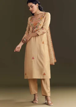 Beige Modal Threadwork Kurta Pant With Resham Organza Dupatta