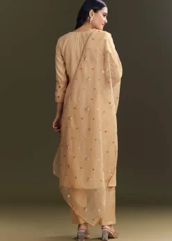 Beige Modal Threadwork Kurta Pant With Resham Organza Dupatta