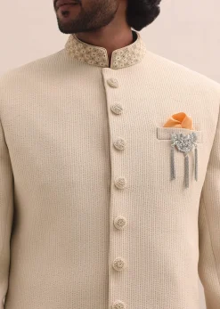 Beige Moti Embroidered Sherwani For Men