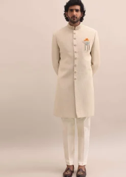 Beige Moti Embroidered Sherwani For Men