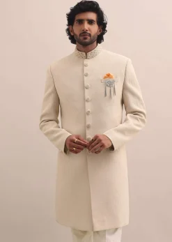 Beige Moti Embroidered Sherwani For Men
