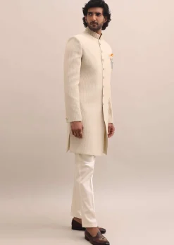 Beige Moti Embroidered Sherwani For Men