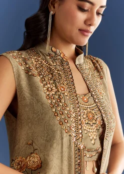 Beige Muslin Croptop Set With Floral Printed Skirt Jacket