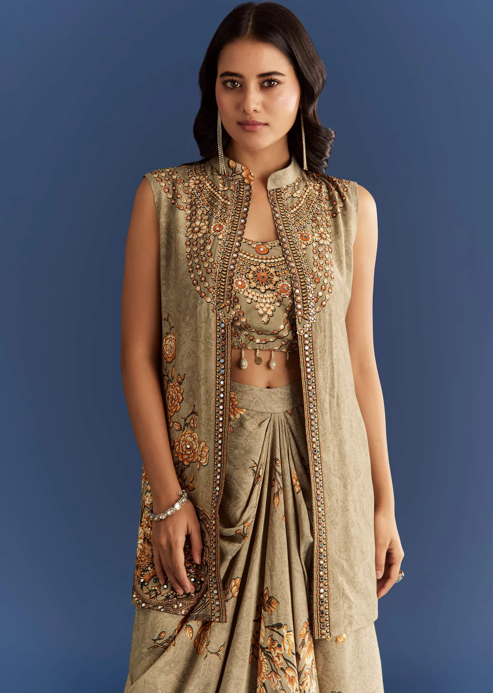 Beige Muslin Croptop Set With Floral Printed Skirt Jacket
