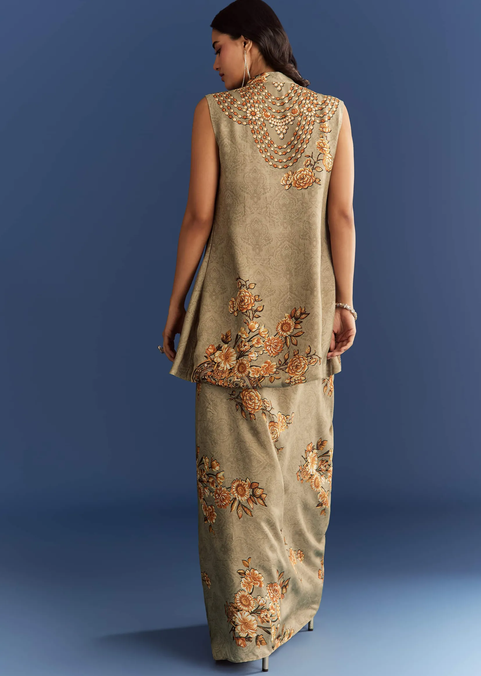 Beige Muslin Croptop Set With Floral Printed Skirt Jacket