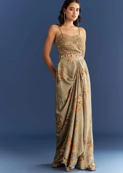 Beige Muslin Croptop Set With Floral Printed Skirt Jacket