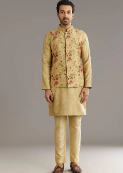 Beige Muslin Kurta Jacket Set With Stone Work