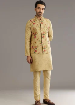 Beige Muslin Kurta Jacket Set With Stone Work