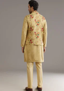 Beige Muslin Kurta Jacket Set With Stone Work