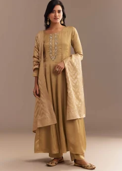 Beige Muslin Mirror Embroidered Kurta Set