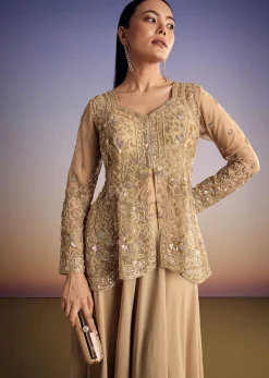 Beige Net Peplum Kurta Set With Beads And Sequins Work