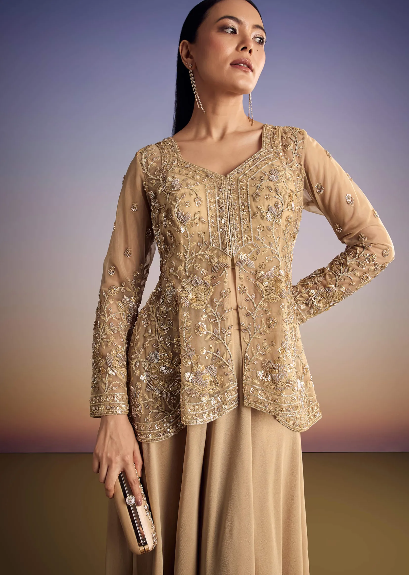 Beige Net Peplum Kurta Set With Beads And Sequins Work