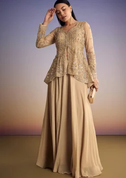 Beige Net Peplum Kurta Set With Beads And Sequins Work