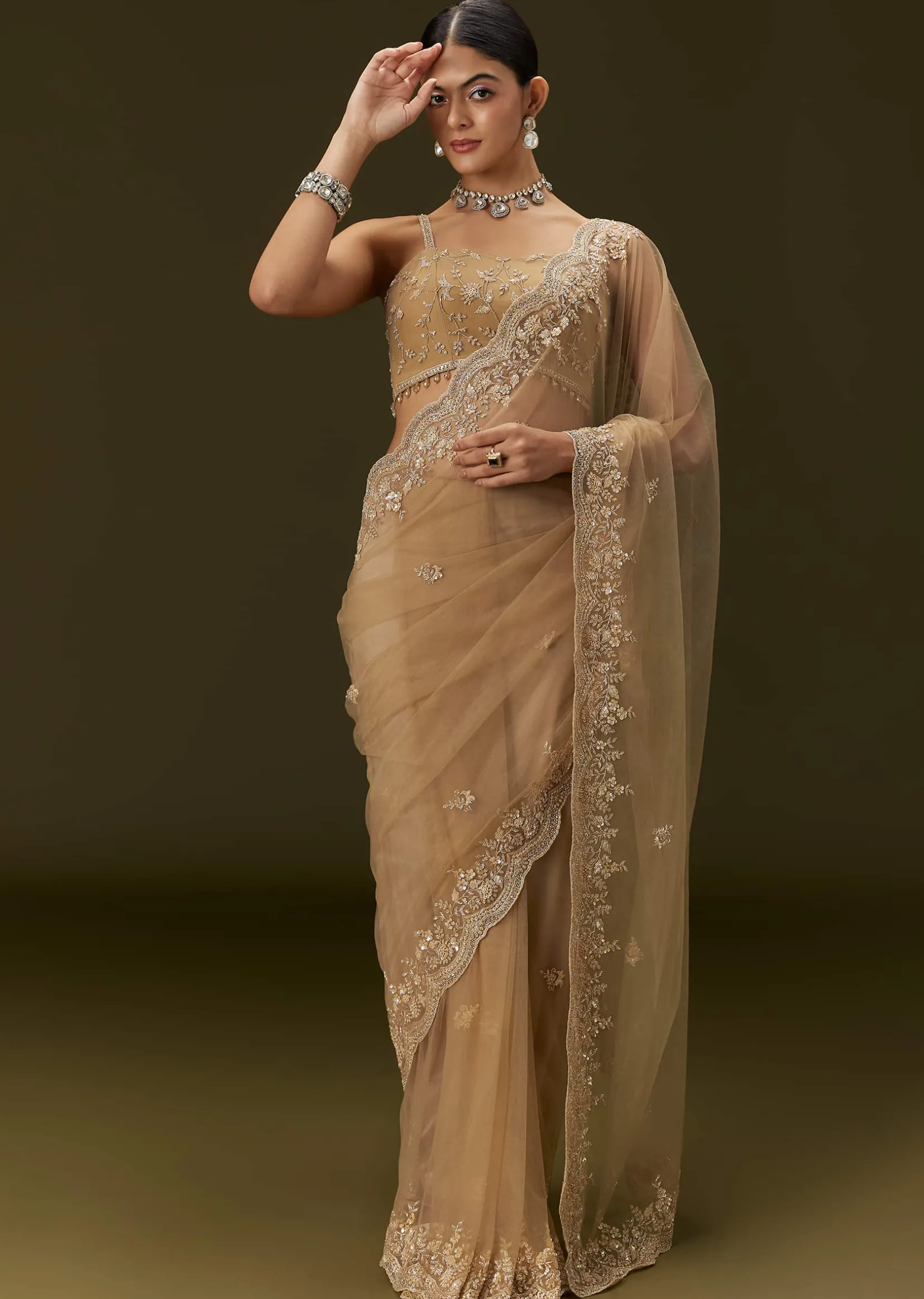 Beige Net Saree With All Over Heavy Embroidery