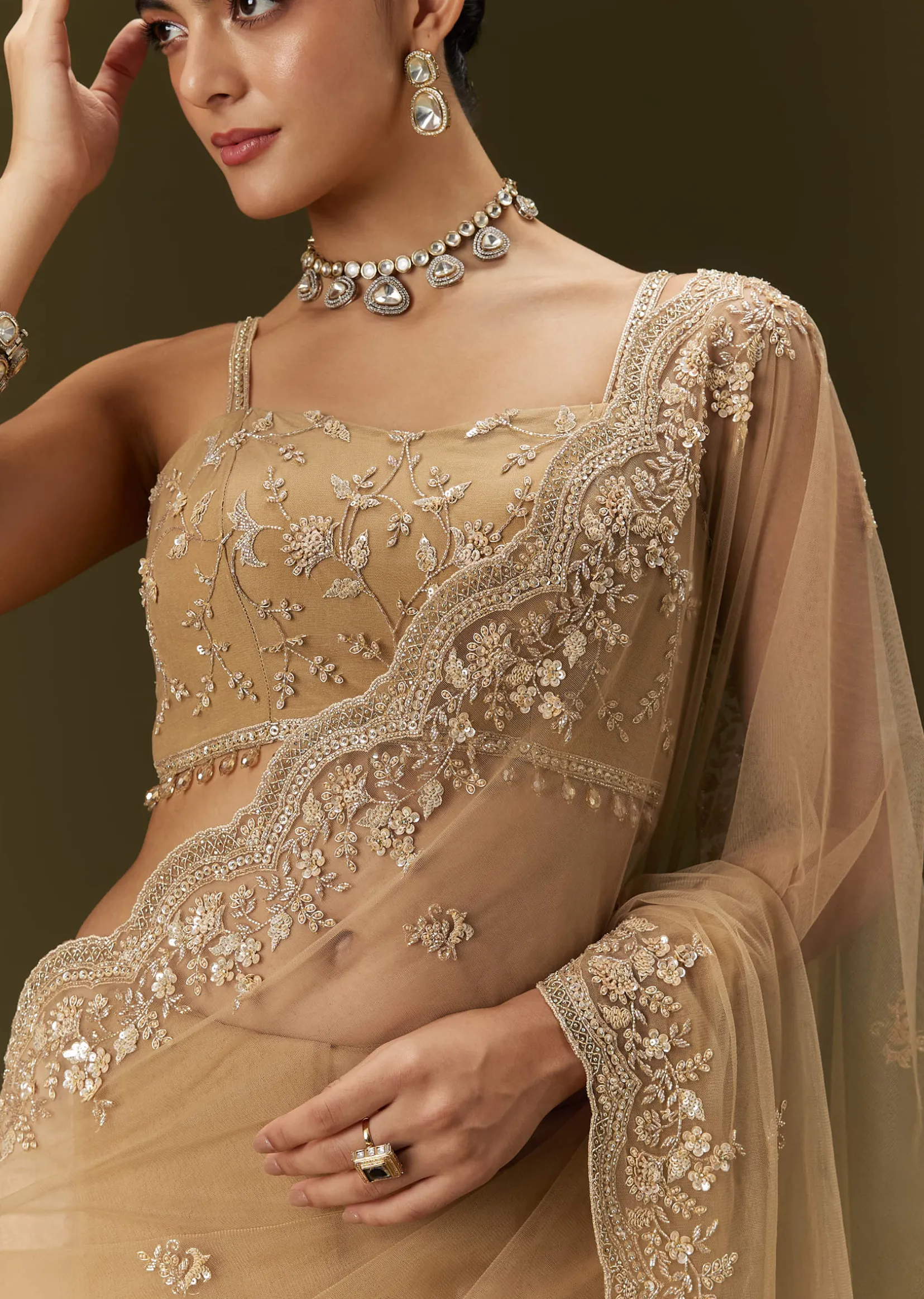 Beige Net Saree With All Over Heavy Embroidery