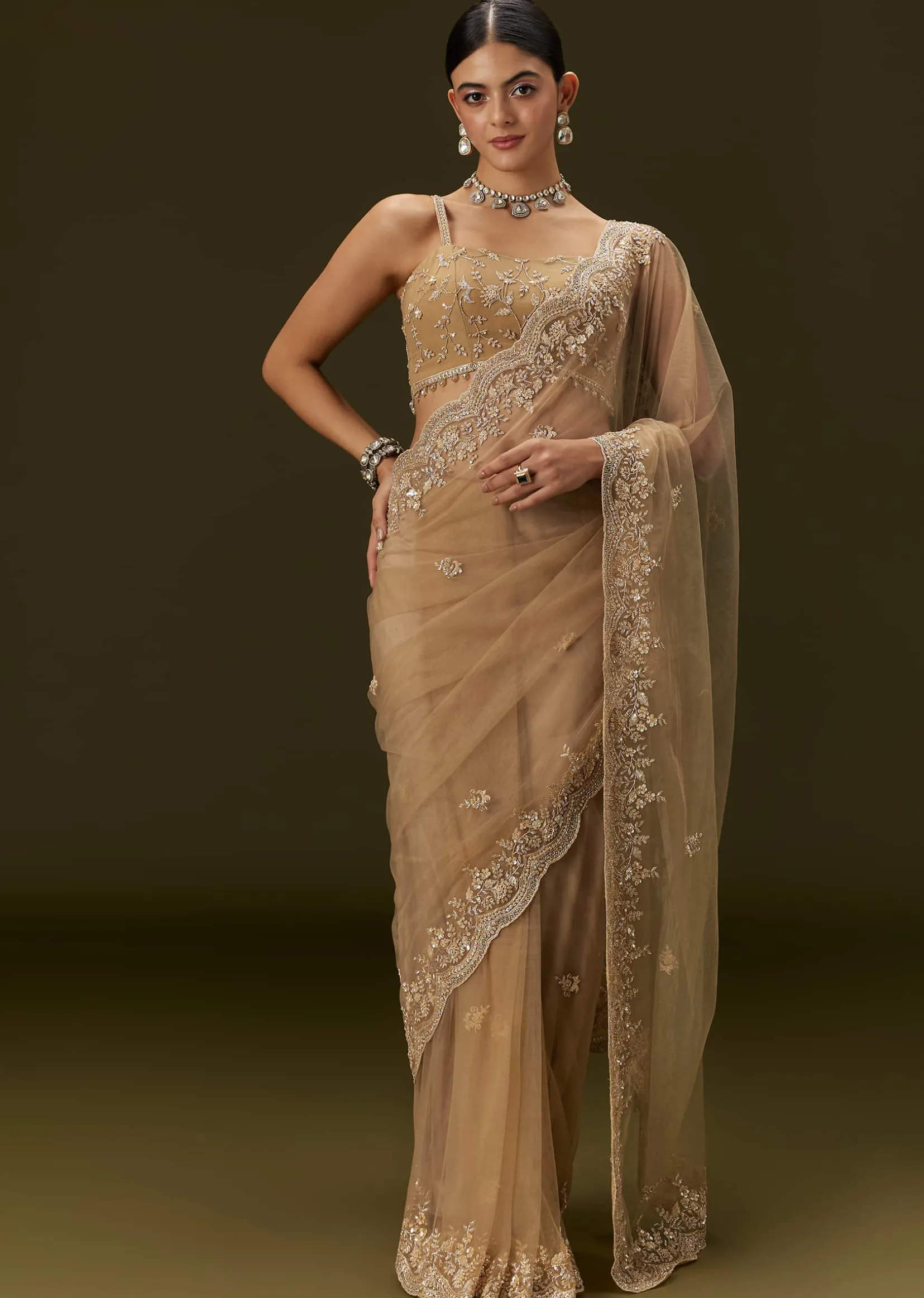Beige Net Saree With All Over Heavy Embroidery