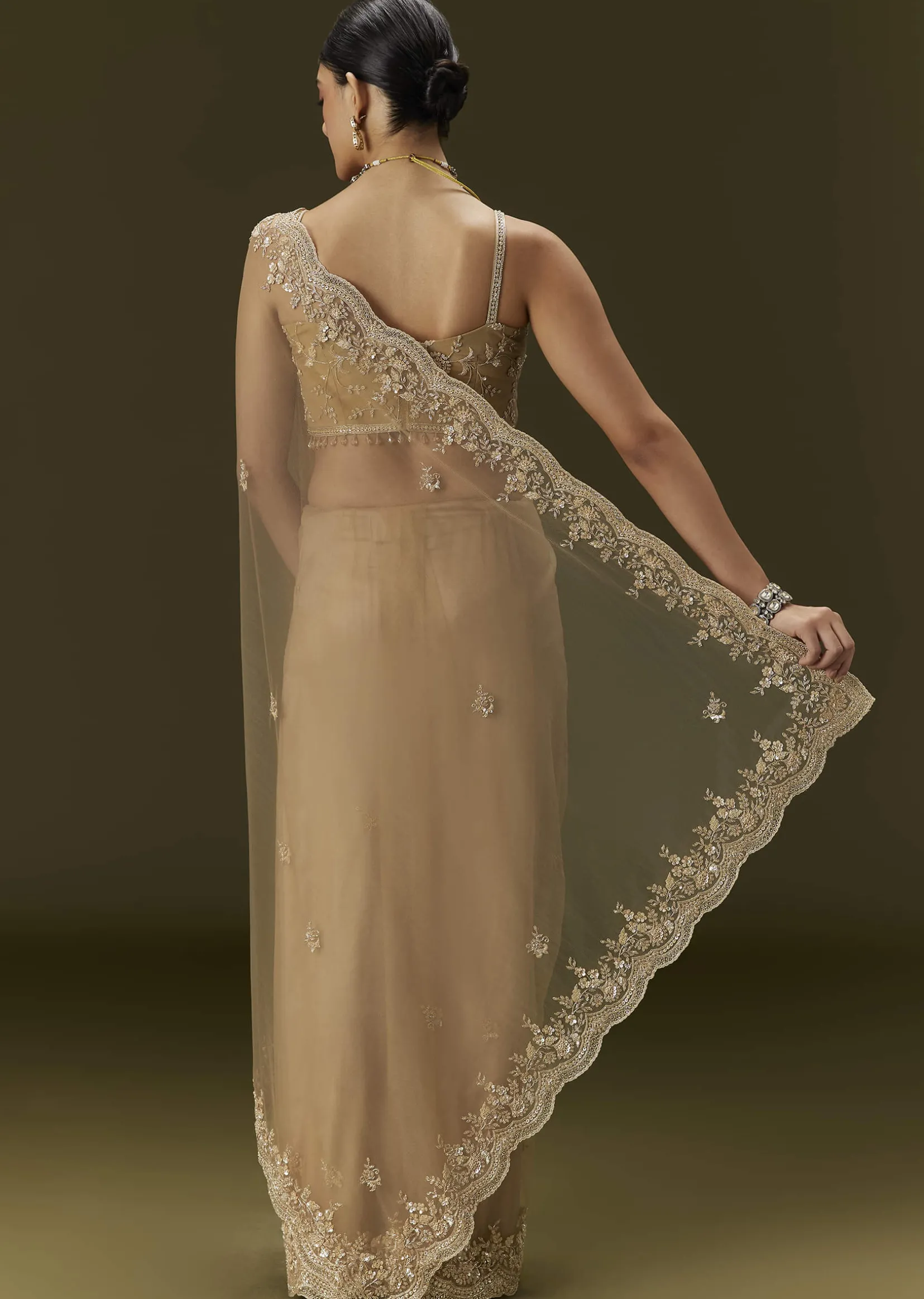 Beige Net Saree With All Over Heavy Embroidery