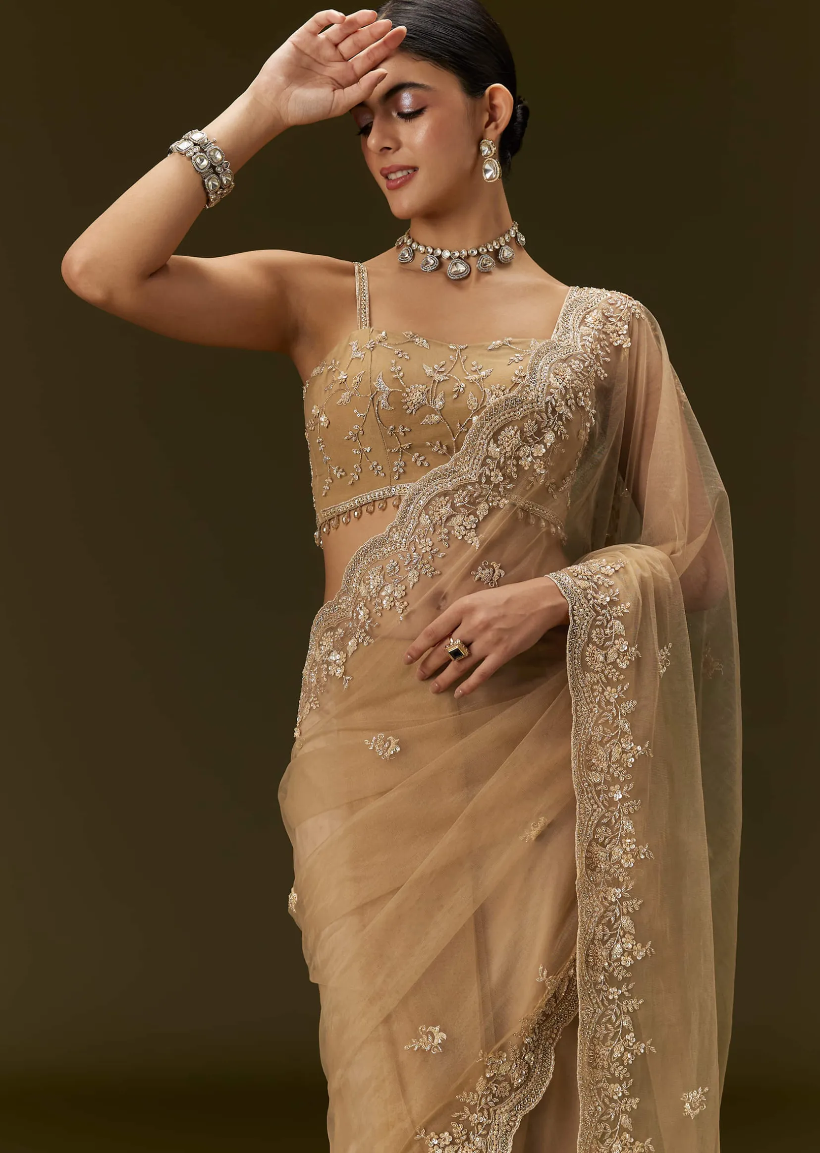 Beige Net Saree With All Over Heavy Embroidery