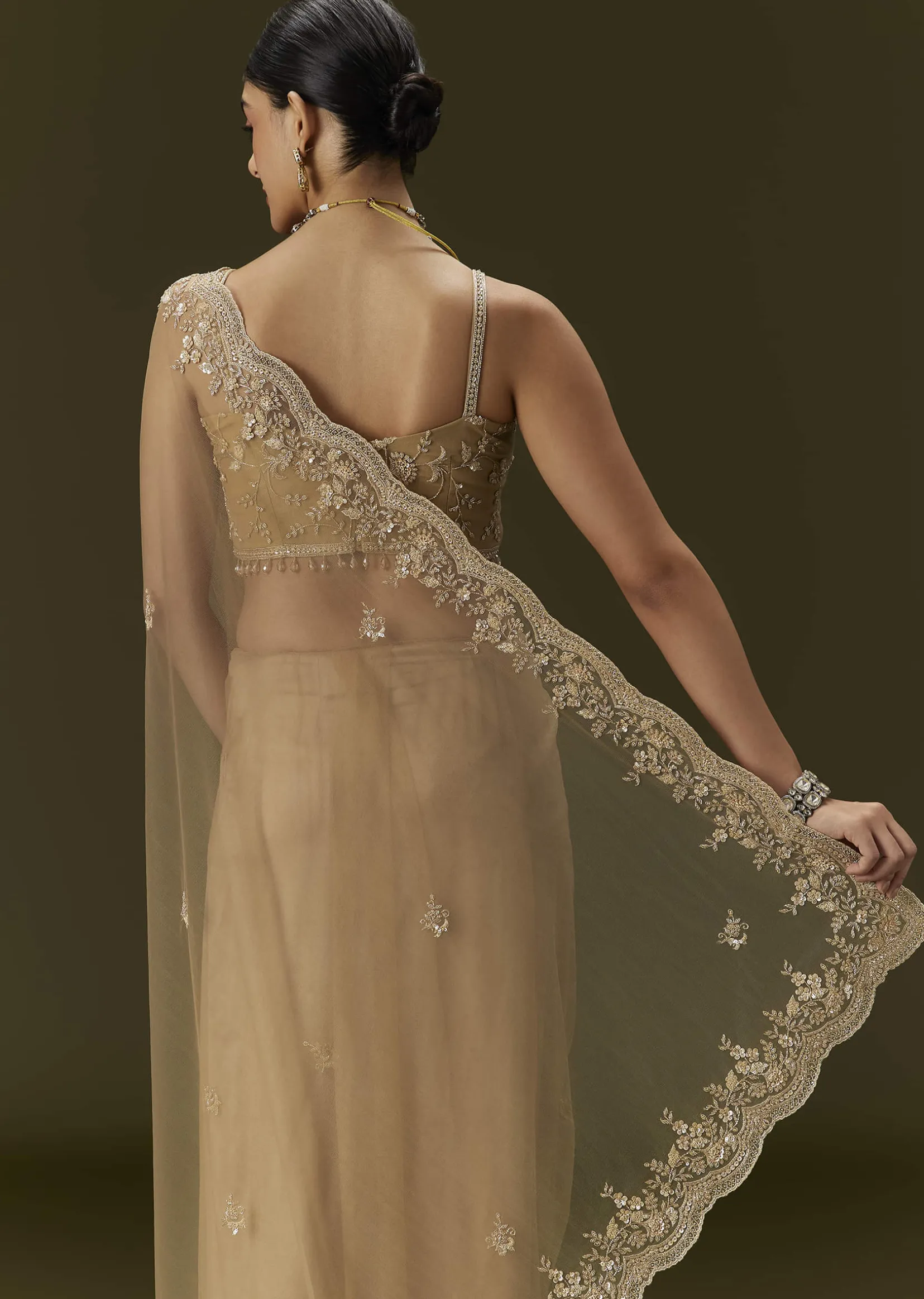 Beige Net Saree With All Over Heavy Embroidery
