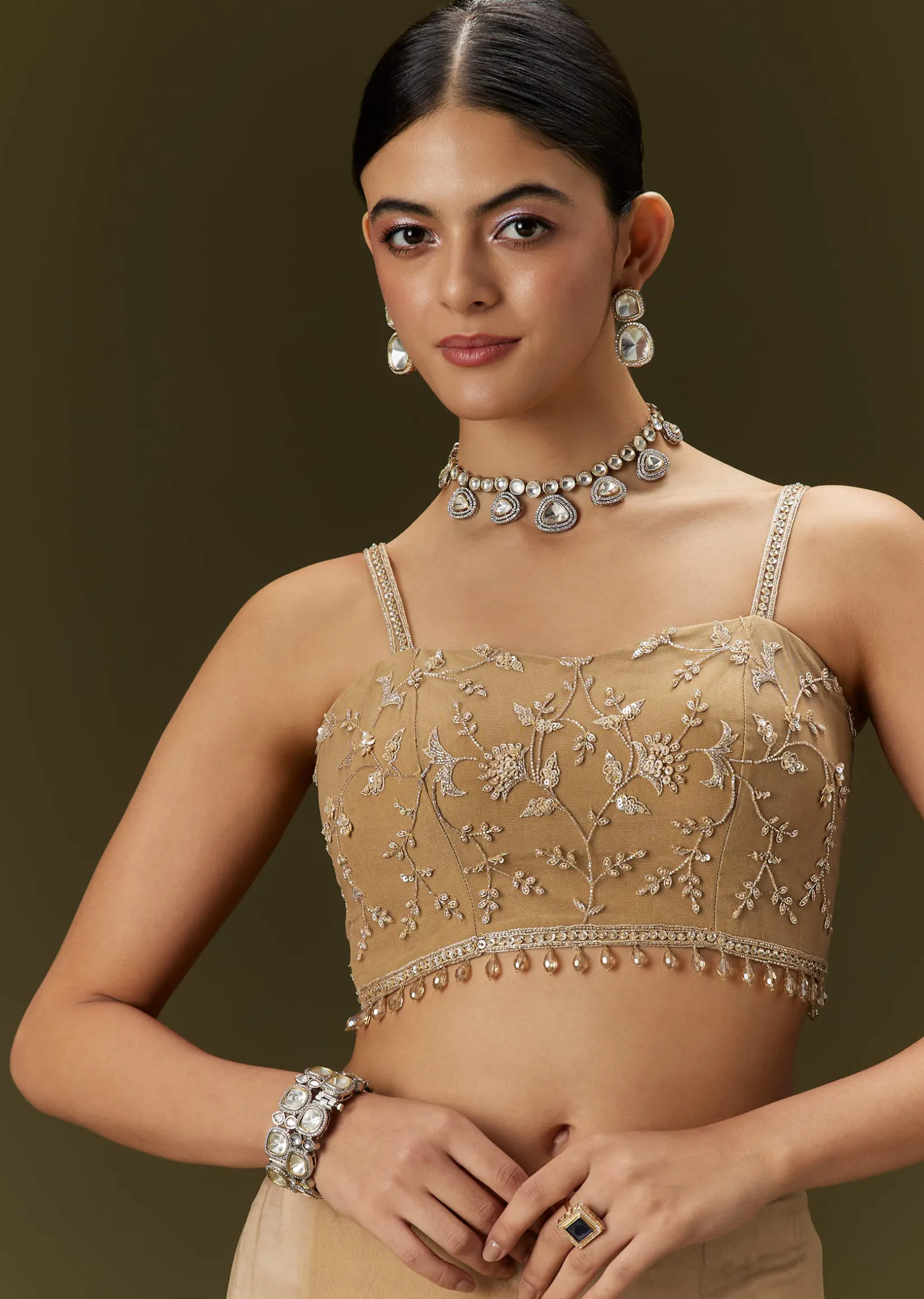 Beige Net Saree With All Over Heavy Embroidery