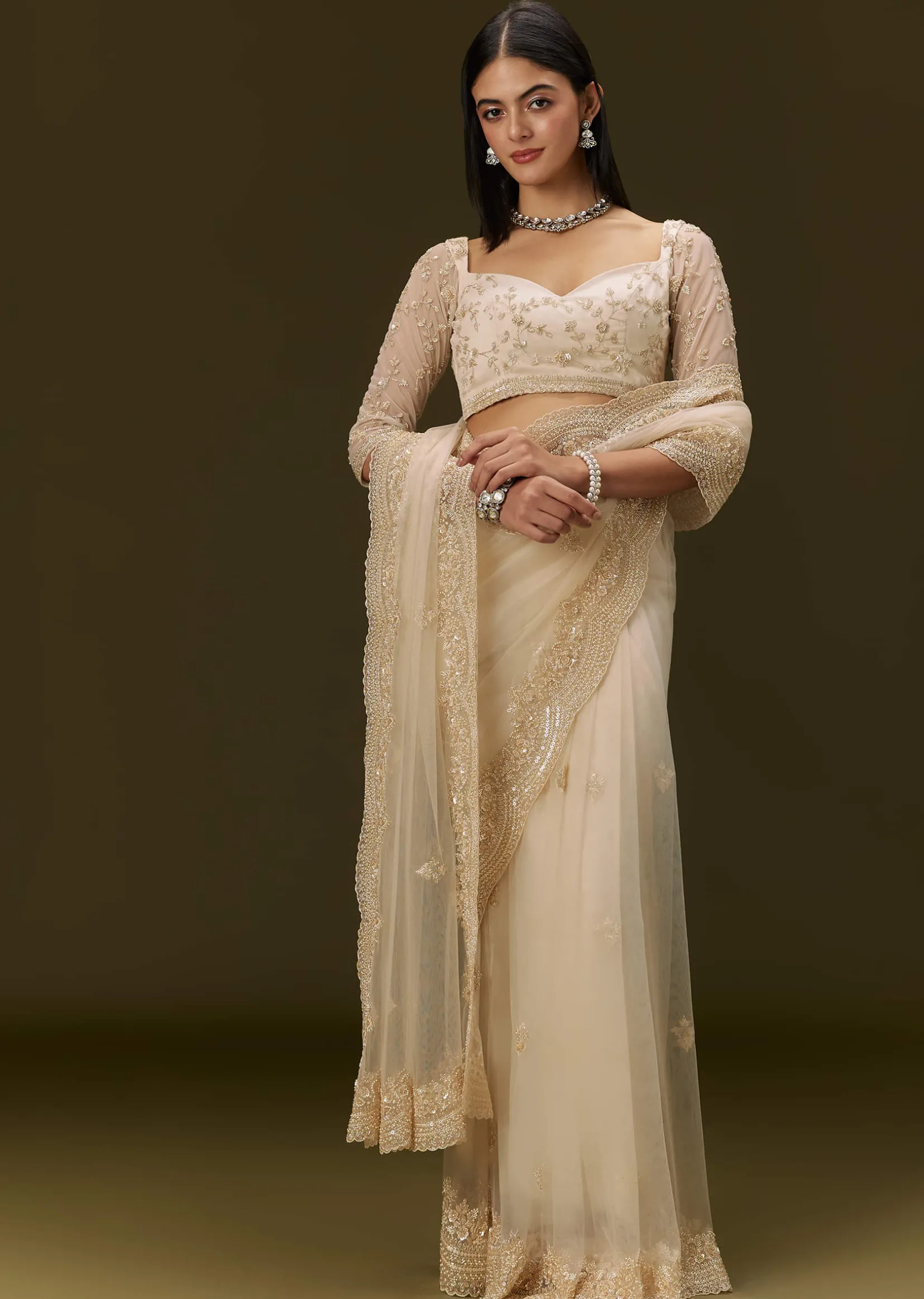 Beige Net Saree With Heavy All Over Embroidery
