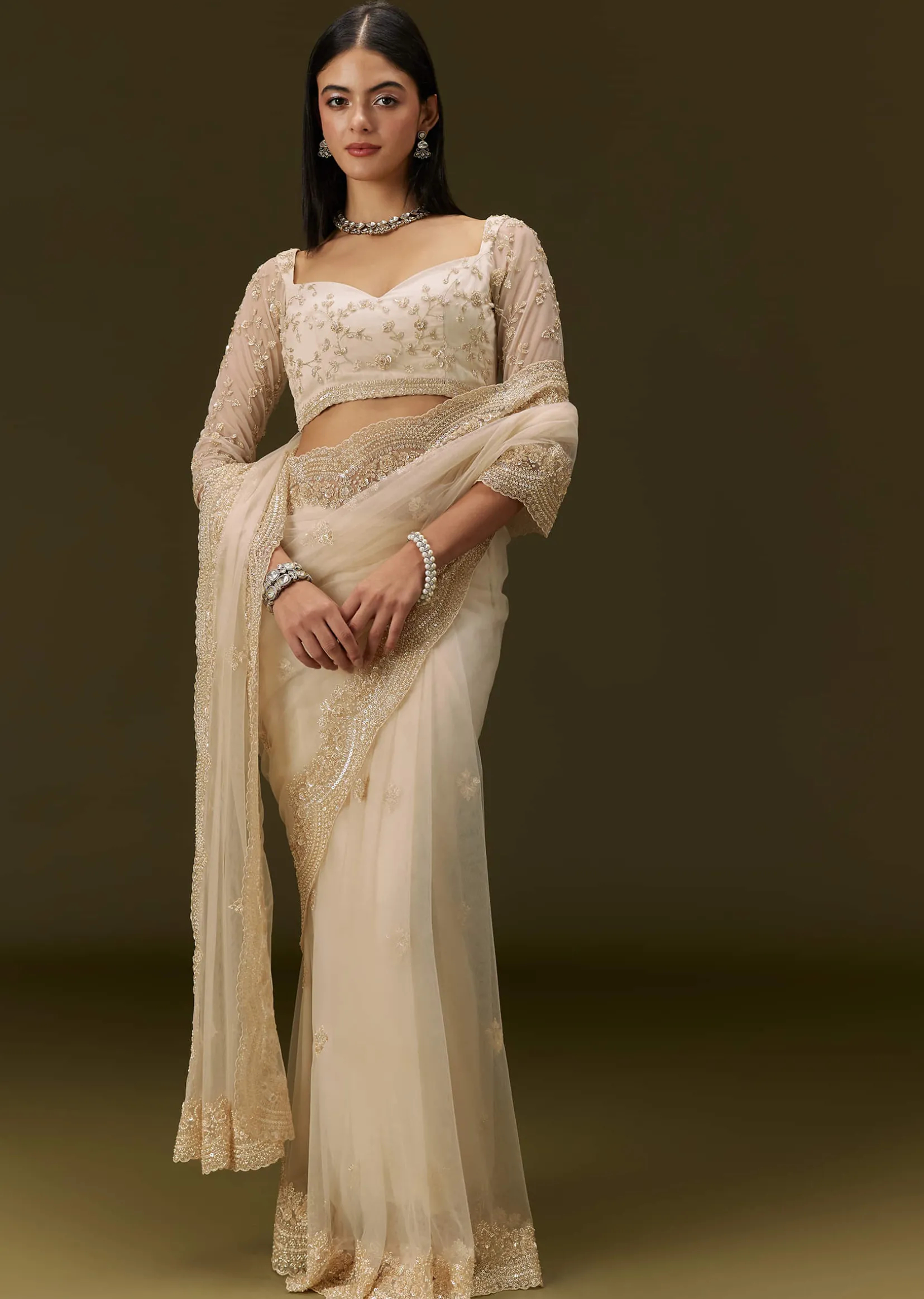 Beige Net Saree With Heavy All Over Embroidery