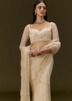 Beige Net Saree With Heavy All Over Embroidery