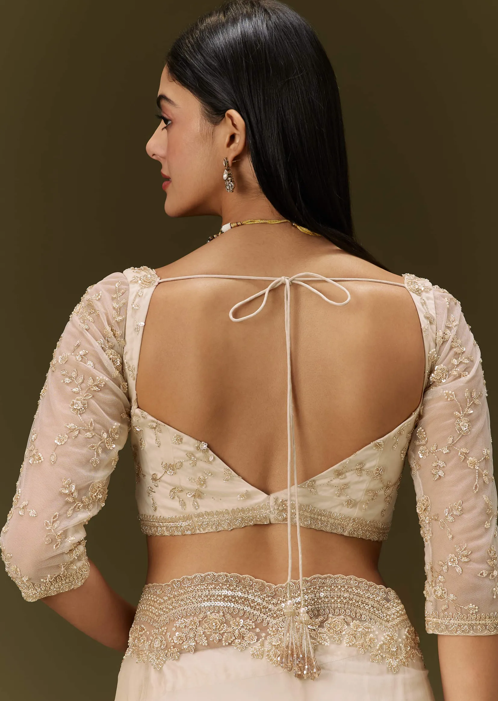 Beige Net Saree With Heavy All Over Embroidery