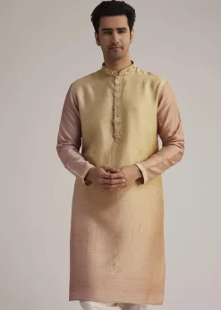 Beige Ombre Silk Kurta Set With Mirror Work