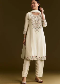 Beige Organza Embroidered Kurta Set With Dupatta