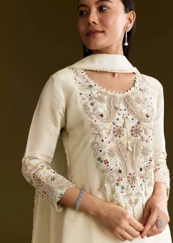 Beige Organza Embroidered Kurta Set With Dupatta