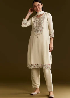 Beige Organza Embroidered Kurta Set With Dupatta