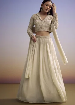 Beige Organza Lehenga Set With Embroidered Choli And Dupatta