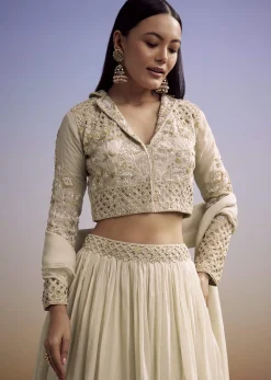 Beige Organza Lehenga Set With Embroidered Choli And Dupatta