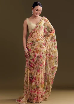 Beige Organza Saree With Beaded Border And Floral Print