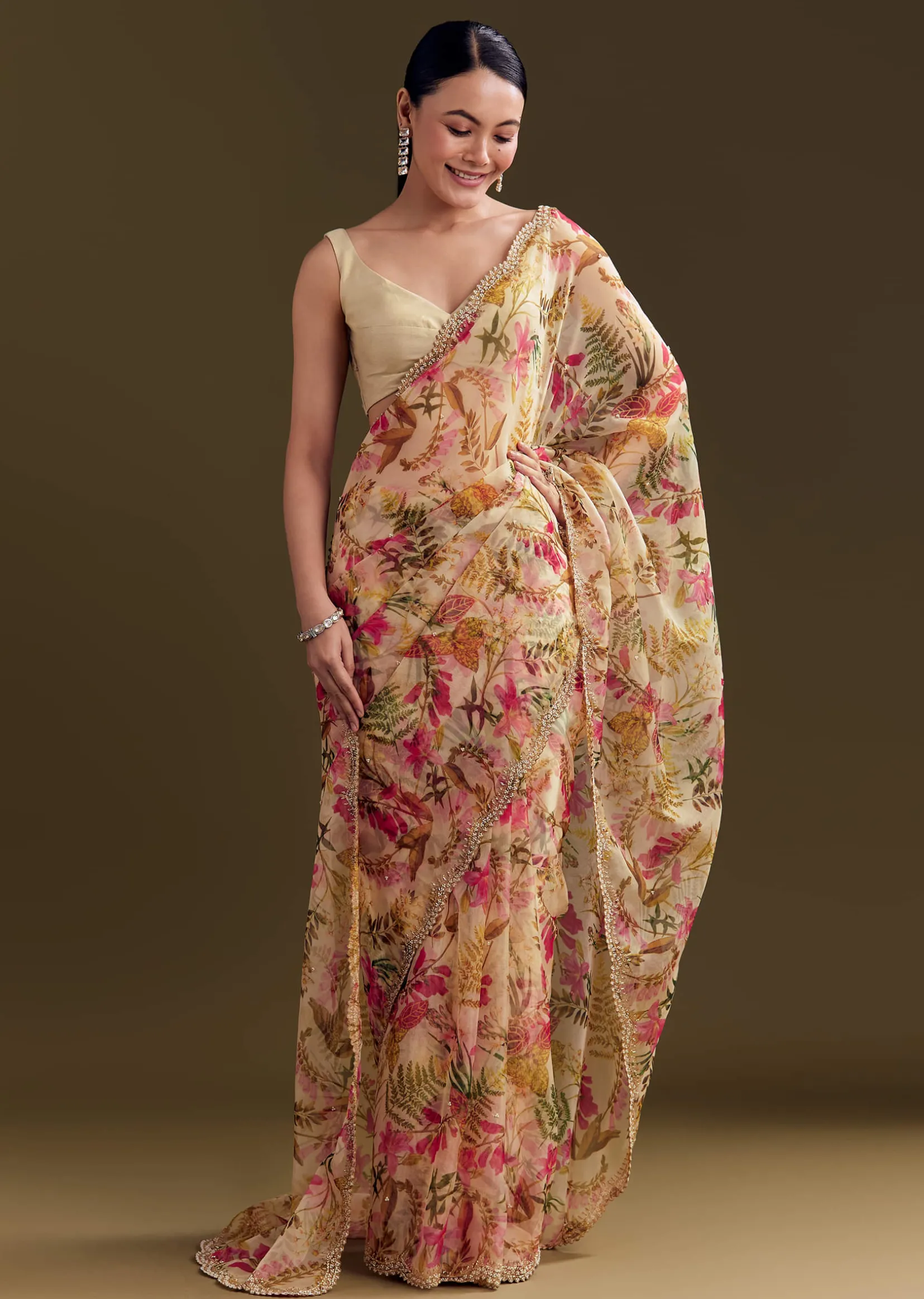 Beige Organza Saree With Beaded Border And Floral Print
