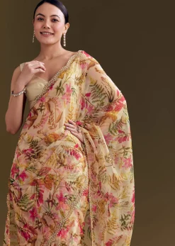 Beige Organza Saree With Beaded Border And Floral Print
