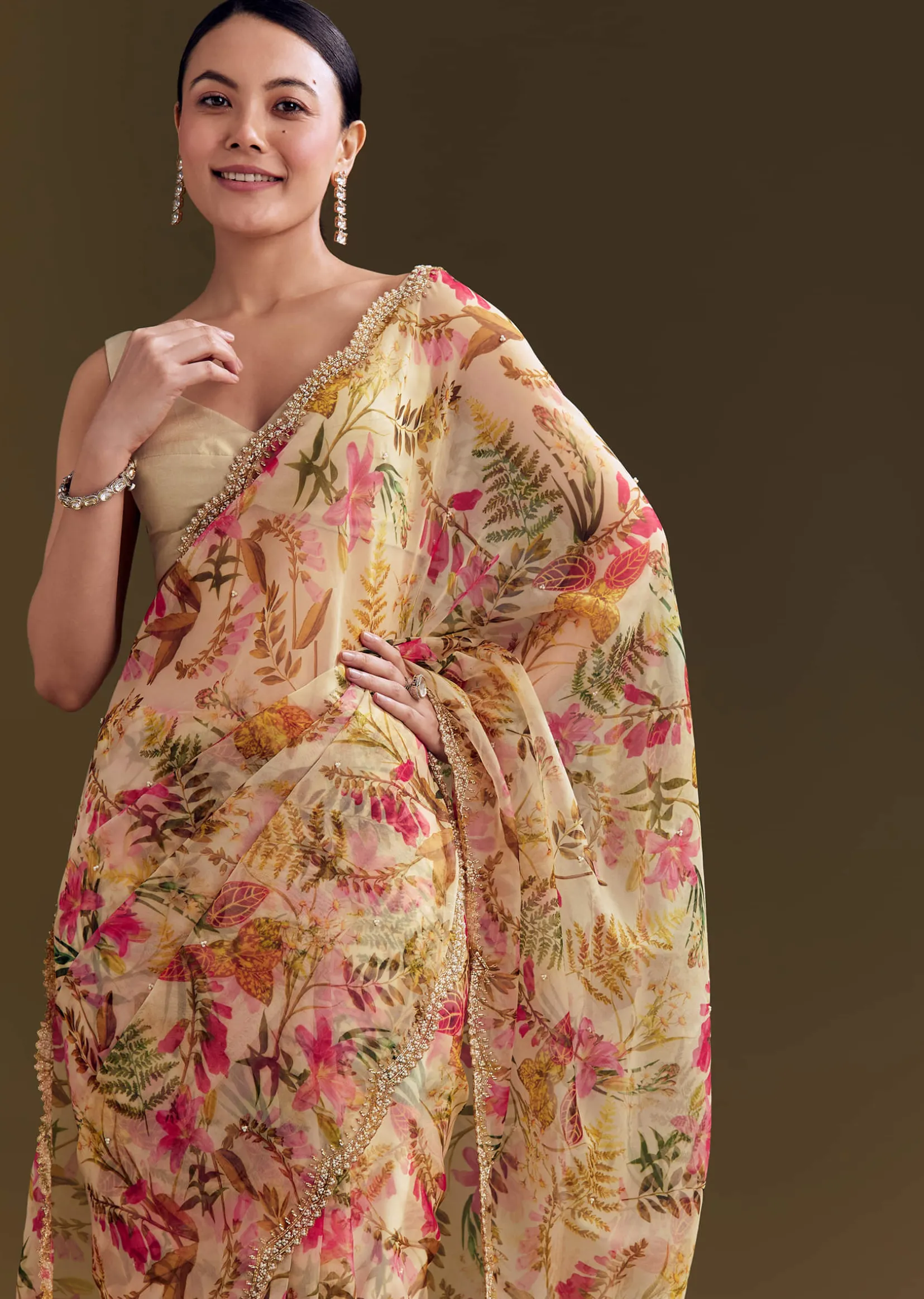Beige Organza Saree With Beaded Border And Floral Print