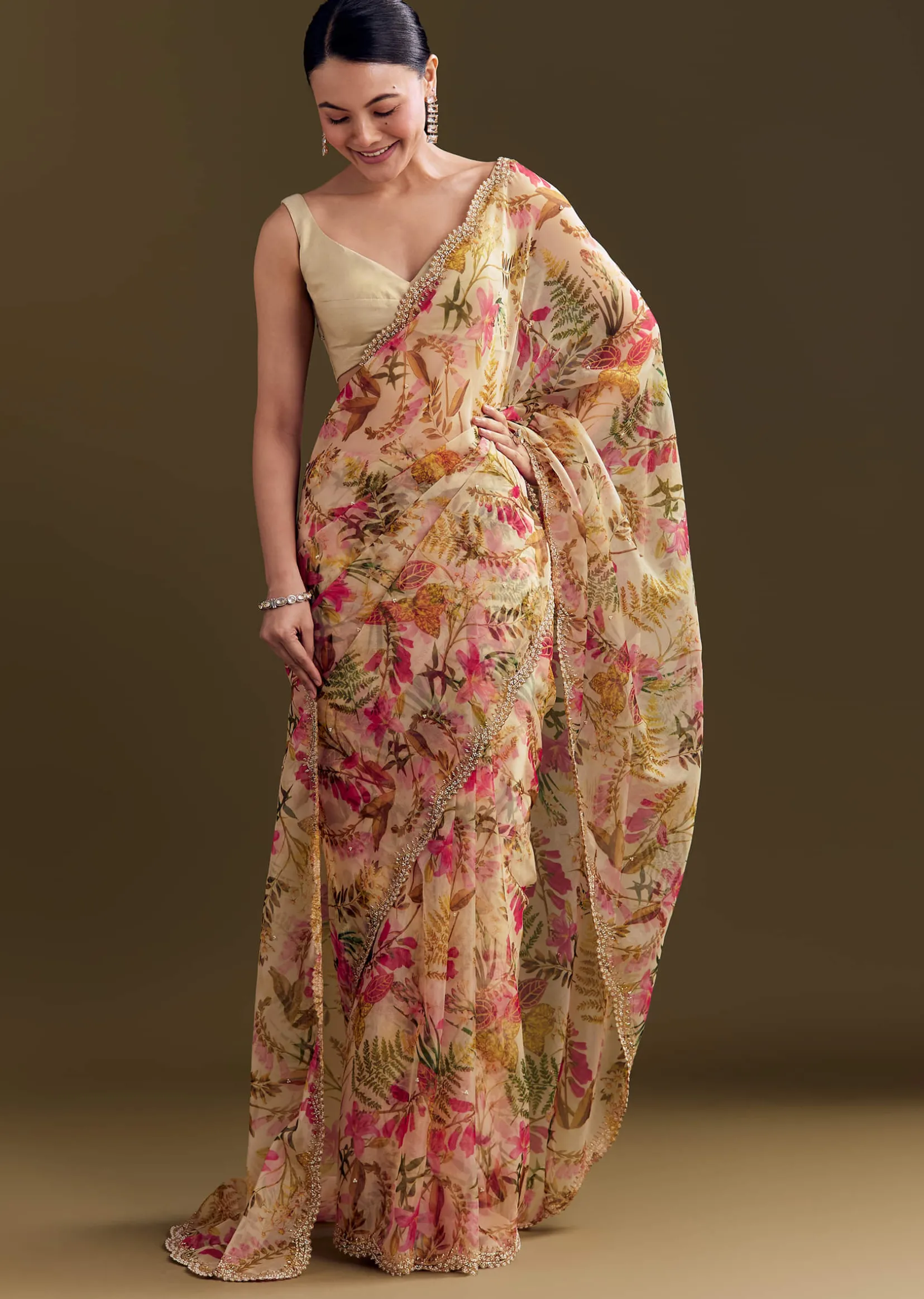 Beige Organza Saree With Beaded Border And Floral Print