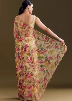 Beige Organza Saree With Beaded Border And Floral Print