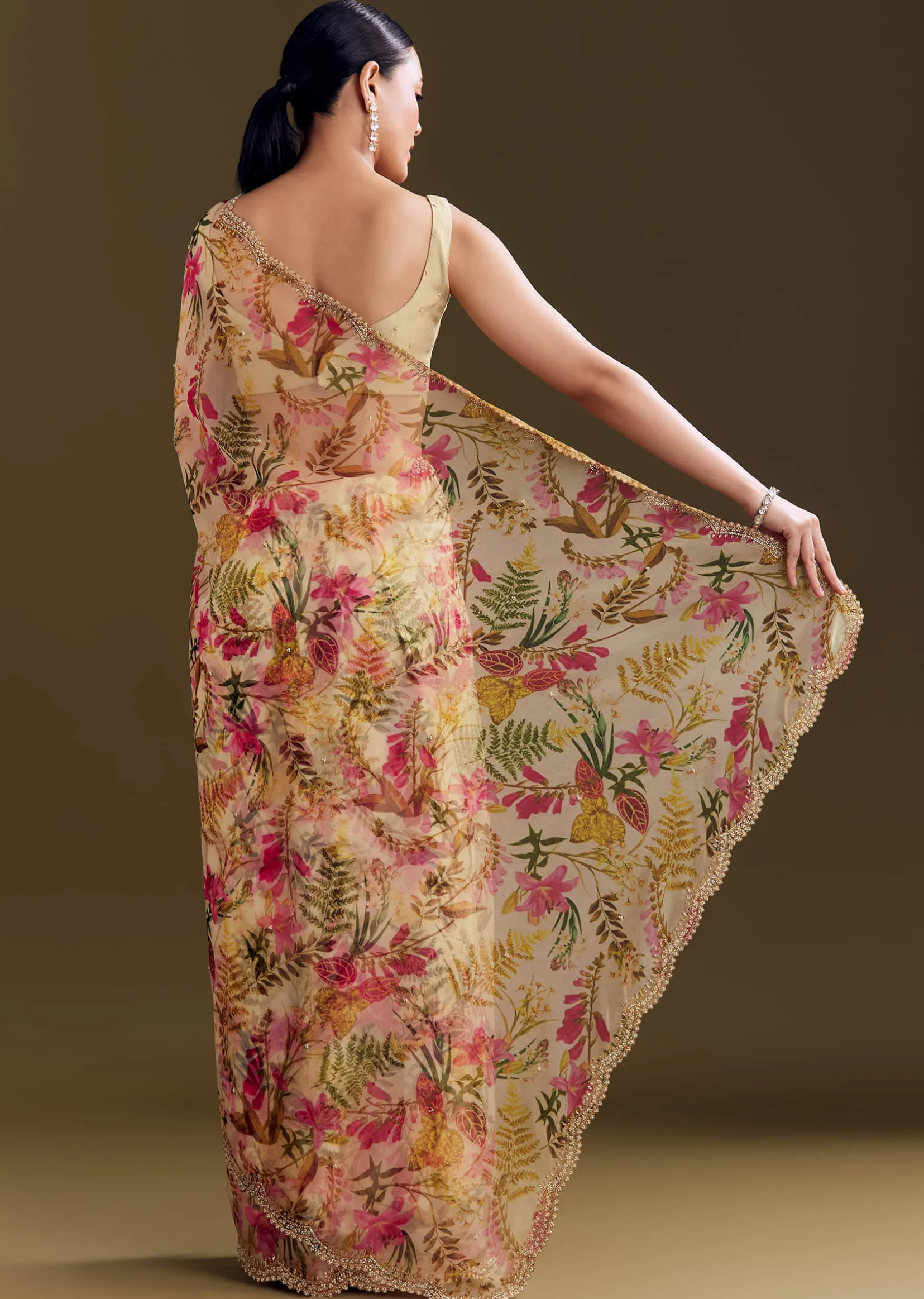 Beige Organza Saree With Beaded Border And Floral Print